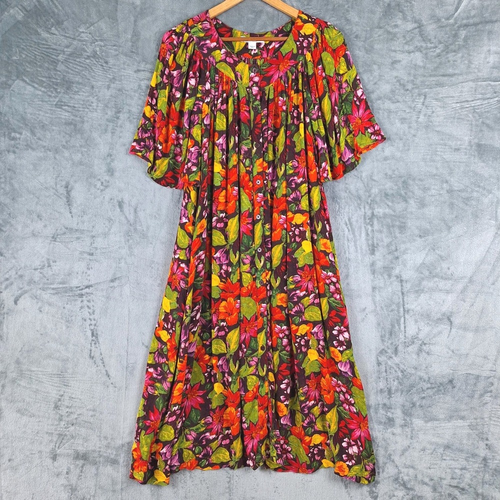 Go Softly Patio Dress Large Floral Muumuu House Lounge Midi Pockets Button Up